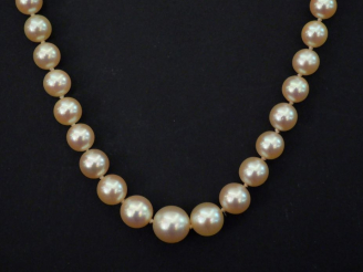 Vente aux enchères Collier de perles blanches disposées en chute.  Fermoir en or jaune, à