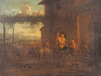 Vente aux enchères Ecole française XIXème. "les buveurs".  Huile sur panneau Dim. 36 x 45