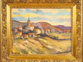 Vente aux enchères M. BERTOIN. 'Paysage de l'Aude'. Huile sur panneau, signée en bas à dr