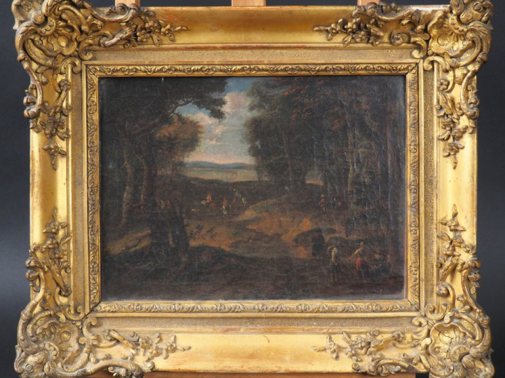 Ecole des Flandres vers 1700. "Paysage aux cavaliers". Huile sur toile