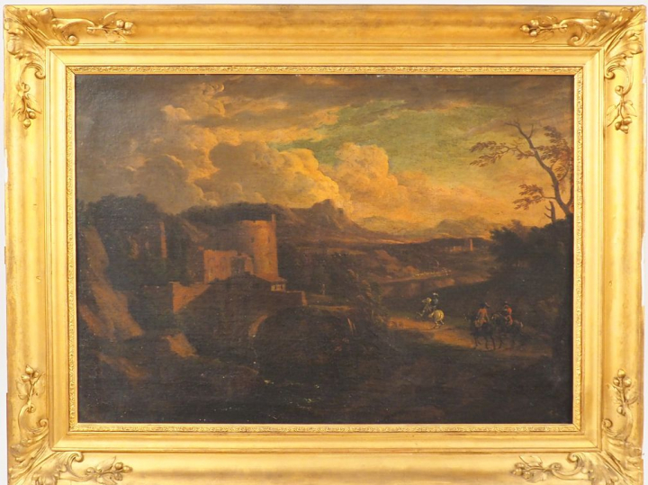 Ecole romaine XVIIIème. "Cavaliers approchant d’un château fort". Huil