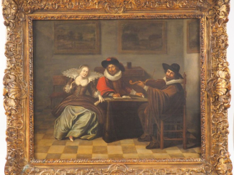 Vente aux enchères Dans le gout de Dirk Hals. "La leçon de musique". Panneau Hauteur : 67