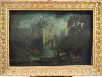 Vente aux enchères Ecole française XIXème ( d'après Hubert Robert) "Paysage lacustre". Hu