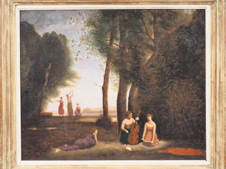 Vente aux enchères Ecole française début XXème. "La leçon de musique". Huile sur toile. D