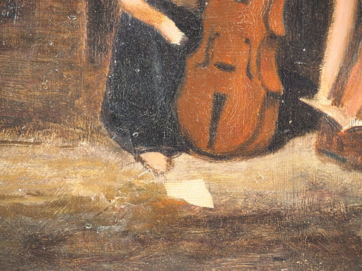 Ecole française début XXème. "La leçon de musique". Huile sur toile. D
