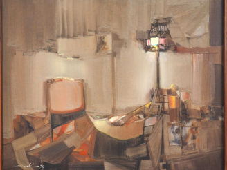 Vente aux enchères Ecole française Xxème. "Intérieur". Huile sur toile, signée en bas à g