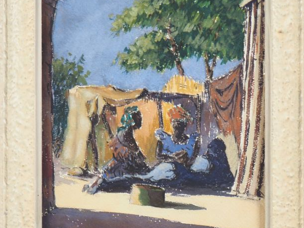 Ecole africaniste XXème. "Africaines devant leurs cases". Aquarelle, s