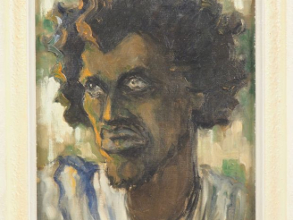 Vente aux enchères Ecole africaniste XXème.   "Portrait d'homme". Huile sur toile, signée