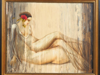 Vente aux enchères Philippe AUGE. "Jeune fille à la rose". Huile sur toile, signée en bas
