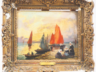 Vente aux enchères Henri Alphonse BARNOIN. "Retour de pêche".  Huile sur panneau, signée 