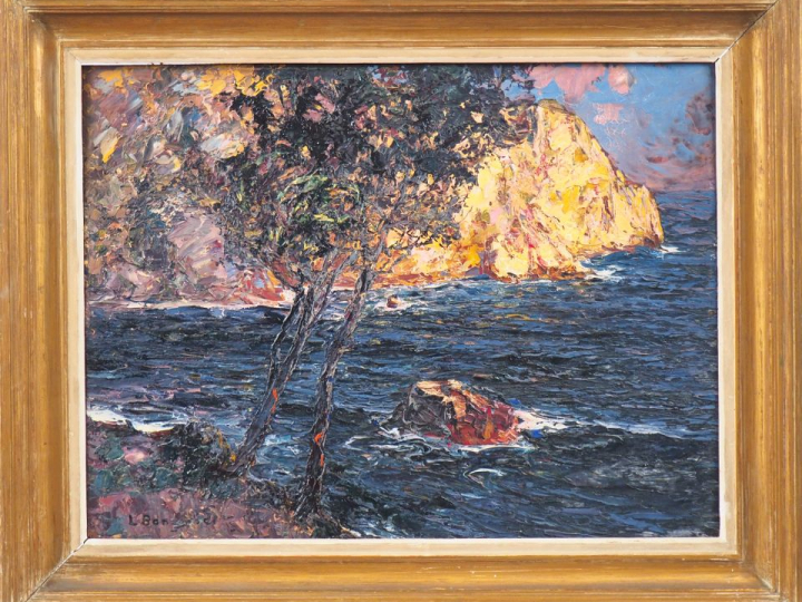 Louis BONAMICI. "Côte rocheuse en méditerranée". Huile sur panneau, si