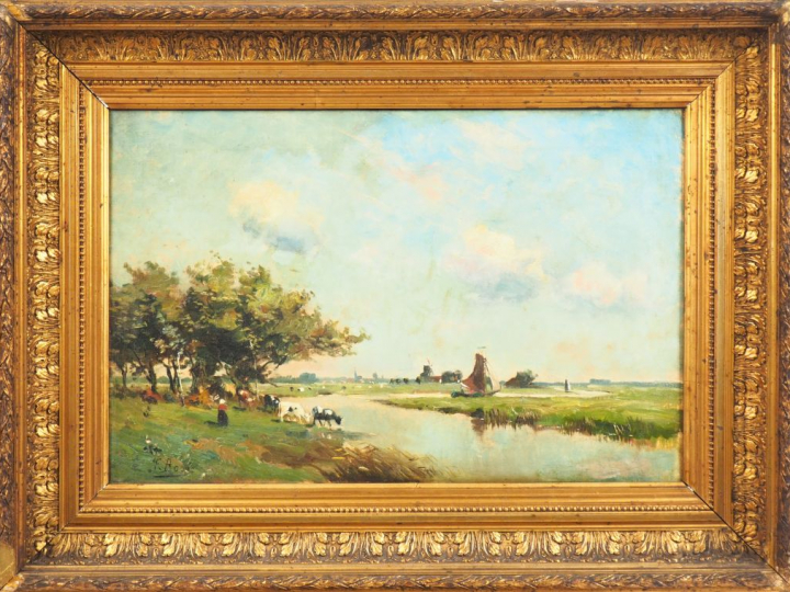 F. BOSI. "Bergers et leur troupeau". Paire d'huiles sur toile, signées