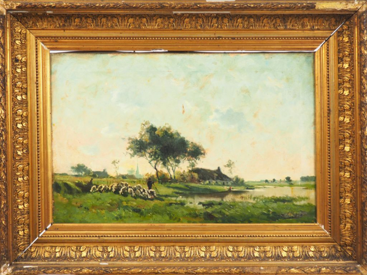 F. BOSI. "Bergers et leur troupeau". Paire d'huiles sur toile, signées