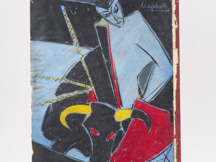 J. CAPDEVILLE. "Homme et taureau". Huile sur toile marouflée. Signée e