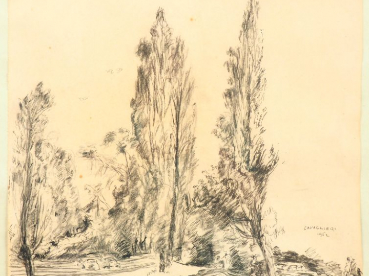 Mario CAVAGLIERI. "Paysage animé". Dessin, signé en bas à droite et da