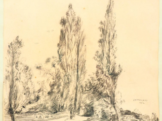 Vente aux enchères Mario CAVAGLIERI. "Paysage animé". Dessin, signé en bas à droite et da