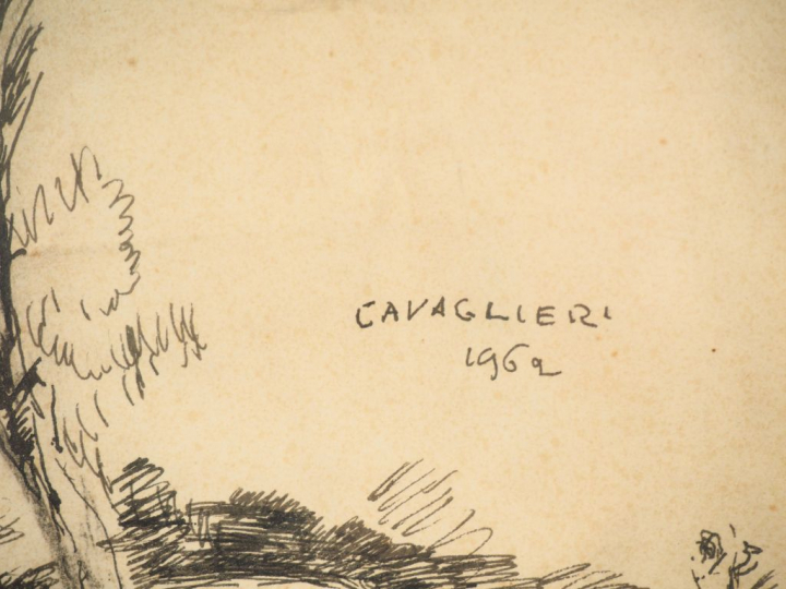 Mario CAVAGLIERI. "Paysage animé". Dessin, signé en bas à droite et da