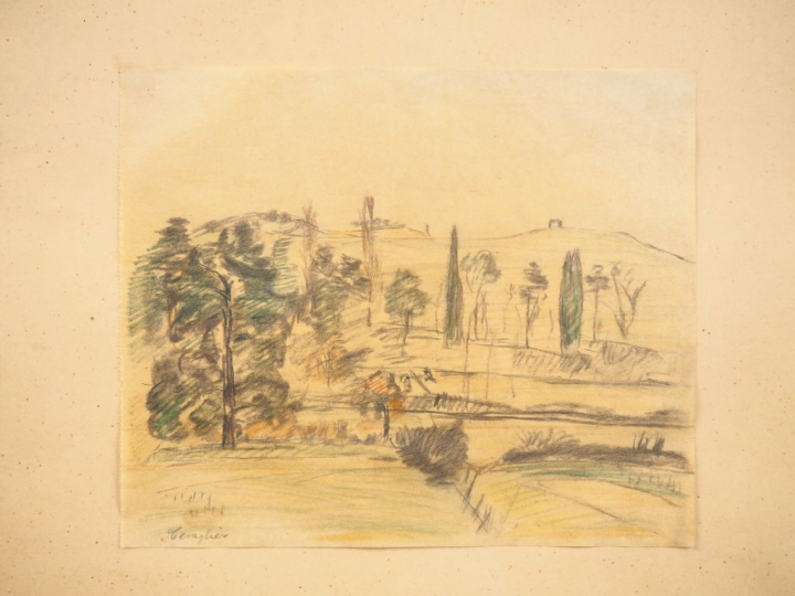 Mario CAVAGLIERI. "Paysage". Dessin en couleur, signé en bas à gauche.