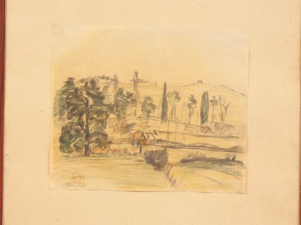 Mario CAVAGLIERI. "Paysage". Dessin en couleur, signé en bas à gauche.