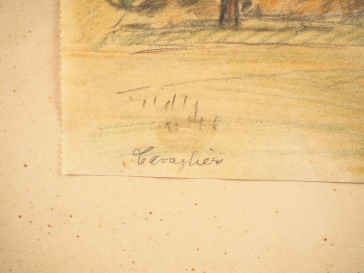 Mario CAVAGLIERI. "Paysage". Dessin en couleur, signé en bas à gauche.