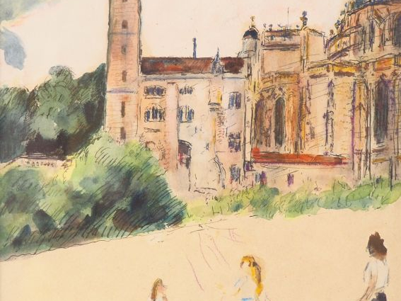 Mario CAVAGLIERI. "Personnages devant la cathédrale". Aquarelle, signé