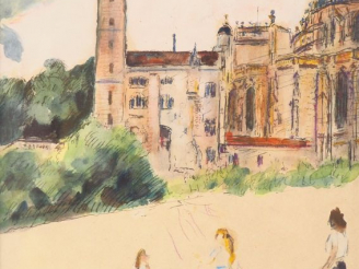 Vente aux enchères Mario CAVAGLIERI. "Personnages devant la cathédrale". Aquarelle, signé