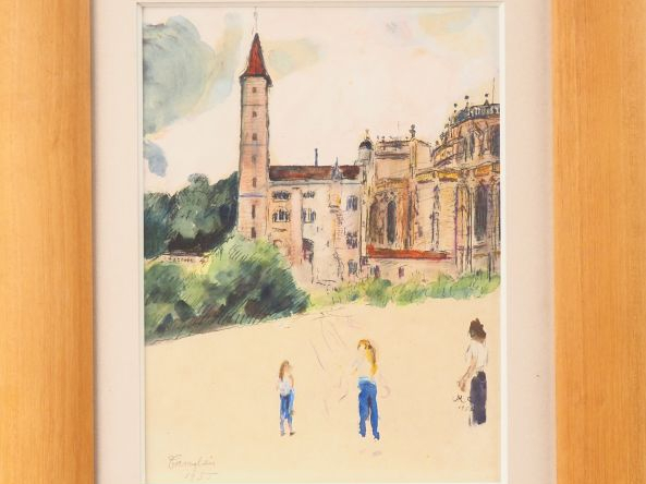 Mario CAVAGLIERI. "Personnages devant la cathédrale". Aquarelle, signé