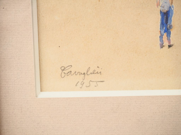 Mario CAVAGLIERI. "Personnages devant la cathédrale". Aquarelle, signé