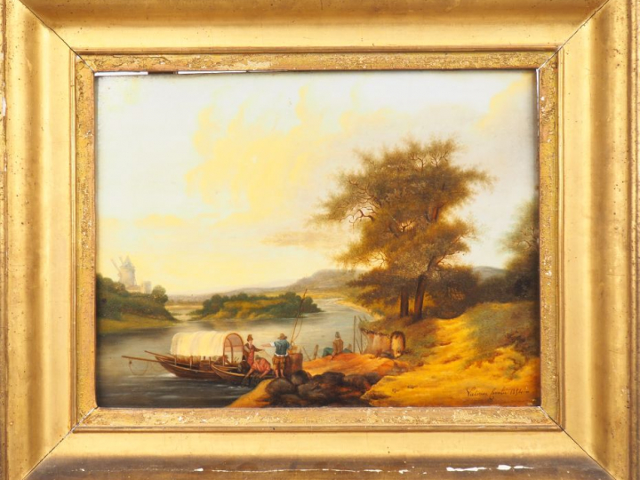 Victorine CAVALIE. "Pêcheurs en bord de rivière". Huile sur panneau, s