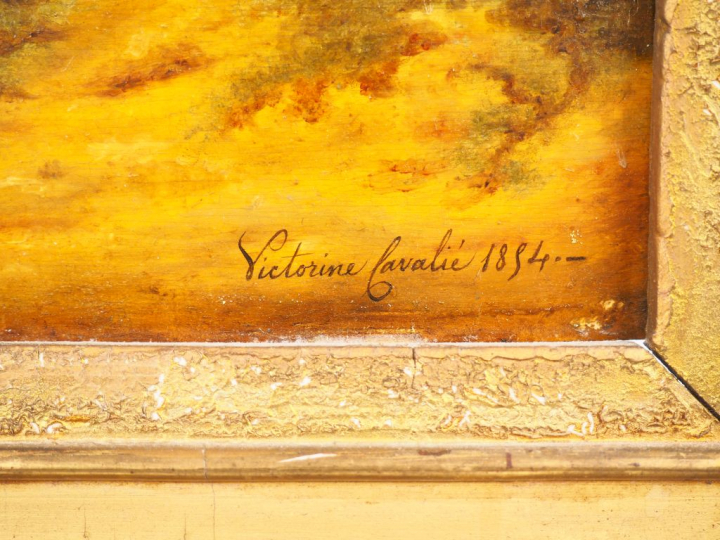 Victorine CAVALIE. "Pêcheurs en bord de rivière". Huile sur panneau, s