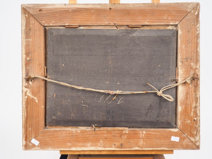 Victorine CAVALIE. "Pêcheurs en bord de rivière". Huile sur panneau, s