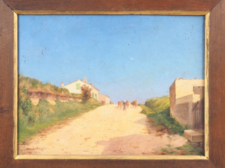Vente aux enchères Louis DAREY. "Troupeau dans un village". Huile sur toile, signée en ba
