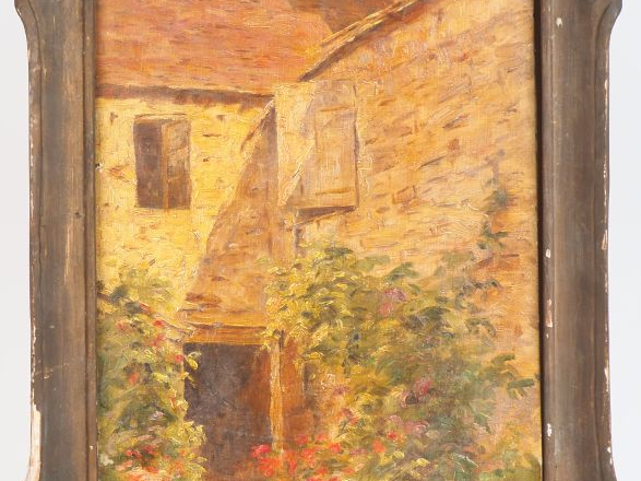 E. FLEURY. "Cour interieure". Huile sur toile, signée en bas à droite.