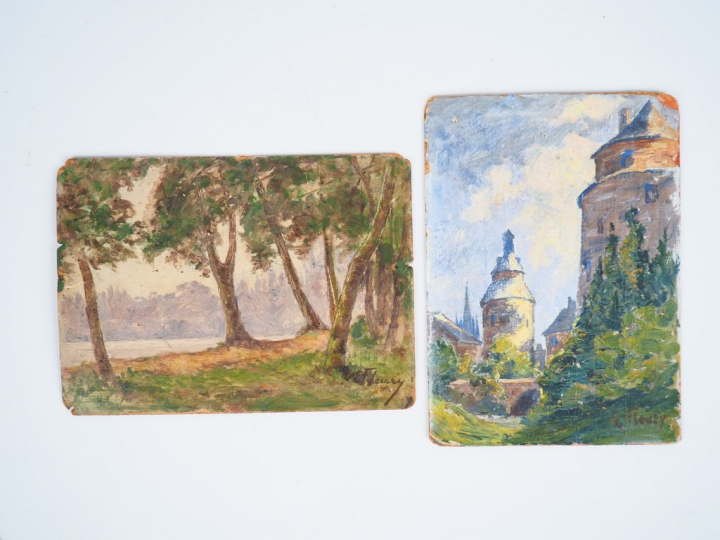 E. FLEURY. "Paysages". 2 huiles sur carton, signées en bas à droite. D