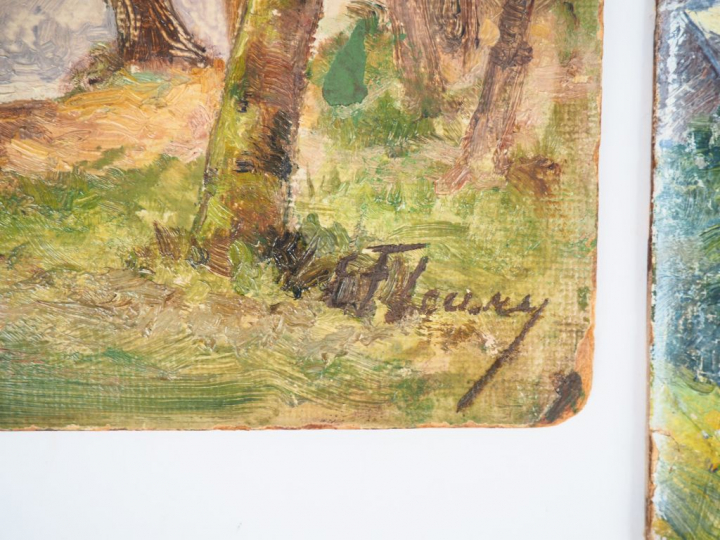 E. FLEURY. "Paysages". 2 huiles sur carton, signées en bas à droite. D