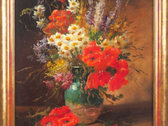 Vente aux enchères GODCHAUX. "Bouquet de fleur". Huile sur toile, signée en bas à droite.