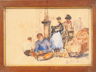 Vente aux enchères GROGLIA (?) "Scène de marché". Aquarelle signée en bas à droite. Dim. 