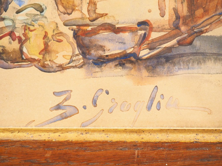 GROGLIA (?) "Scène de marché". Aquarelle signée en bas à droite. Dim. 