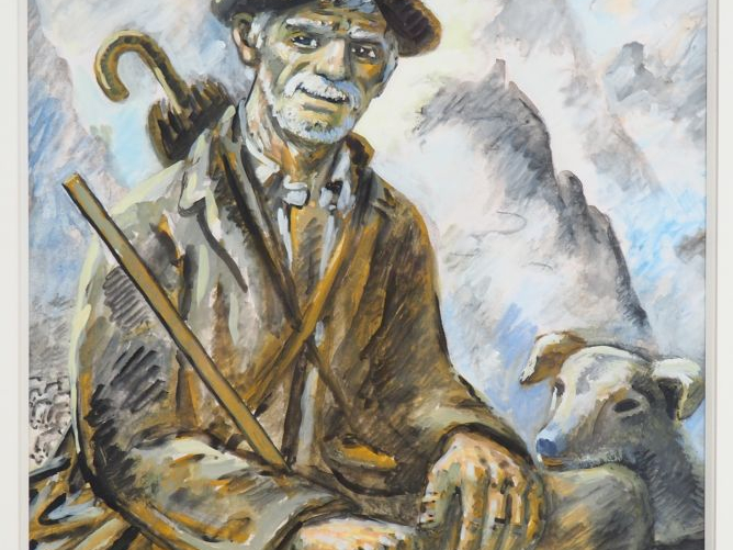 René Gaston LAGORRE. "Berger et son chien". Aquarelle, signée en bas à