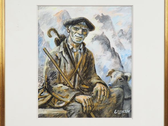René Gaston LAGORRE. "Berger et son chien". Aquarelle, signée en bas à