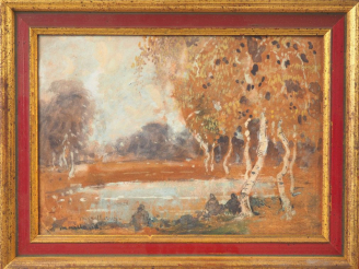 Vente aux enchères Fernand MAILLAUD. "Personnages près d'un lac". Gouache sur carton, sig