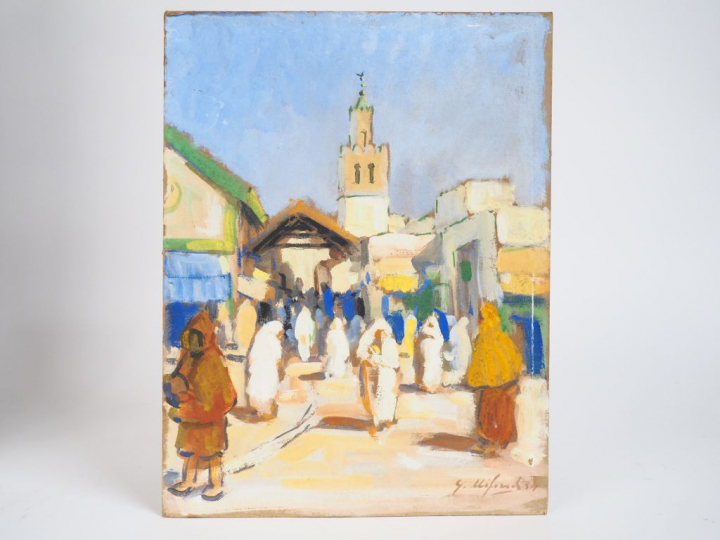 Gaëtan MIFSUD. "Village d'Afrique du nord". Huile sur carton, signée e