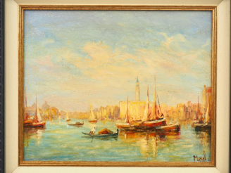 Vente aux enchères Emile MOREL. "Vue de Venise". Huile sur isorel, signée en bas à droite