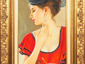 Vente aux enchères Vladimir PETROV. "Elegante au café". Huile sur toile, signée en bas à 