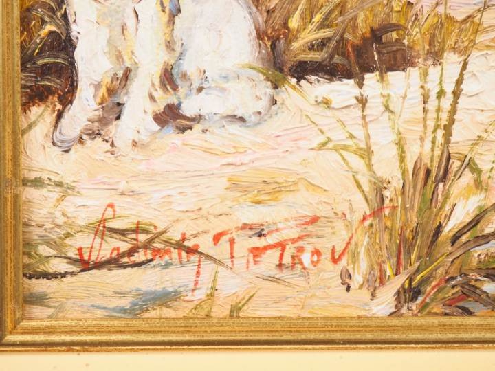 Vladimir PETROV. "Fillette et son chien en bord de plage". Huile sur t