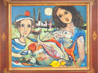 Vente aux enchères RAYA-SORKIN. "L'amour de la mer". Huile sur toile, signée en bas à gau