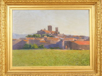 Vente aux enchères Etienne TERRUS. "Vue de village fortifié". Huile sur toile, signée et 