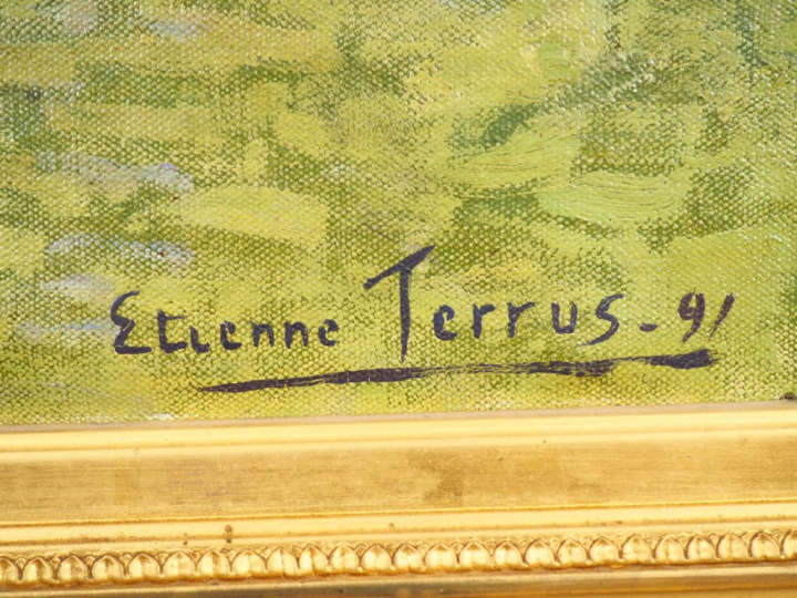 Etienne TERRUS. "Vue de village fortifié". Huile sur toile, signée et 