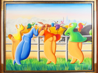 Vente aux enchères Jean-Louis TOUTAIN. "Un après-midi au champs de course". Huile sur toi