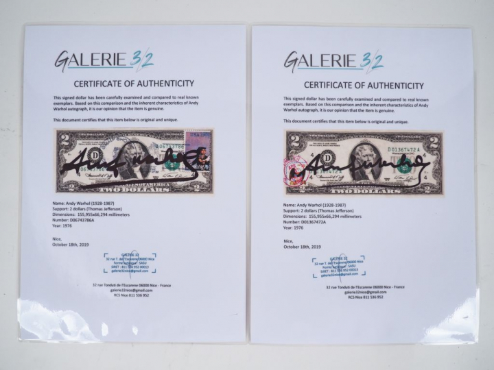 Andy WARHOL (d'après). "2 dollars (Thomas Jefferson)". 2 Estampes sign
